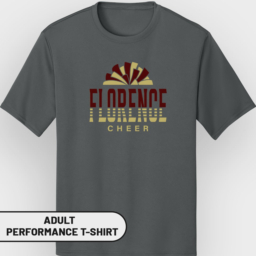Grey adult performance t-shirt with "FLORENCE CHEER" text and graphic.