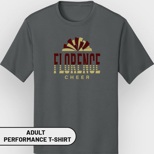 Grey adult performance t-shirt with "FLORENCE CHEER" text and graphic.