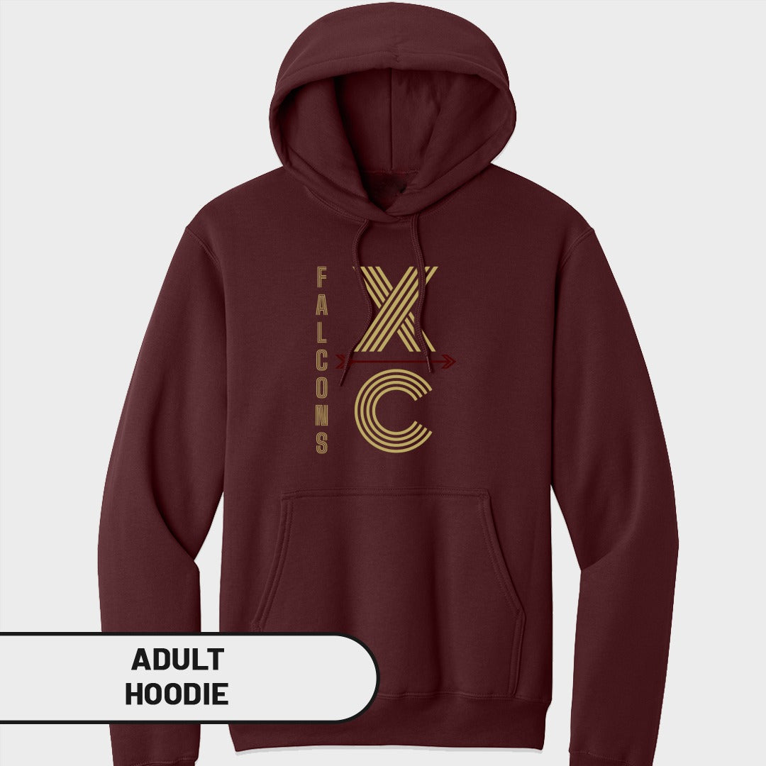 Maroon adult hoodie with "FALCONS XC" graphic in gold.
