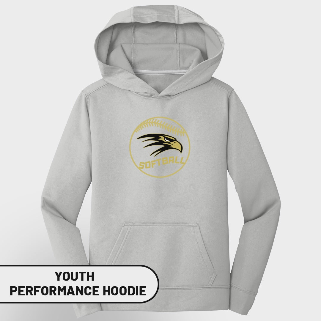Light gray youth performance hoodie with a softball and eagle logo.