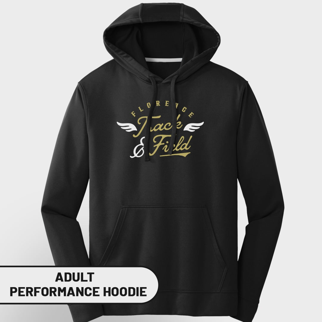 Black adult performance hoodie with "Florence Track & Field" graphic.