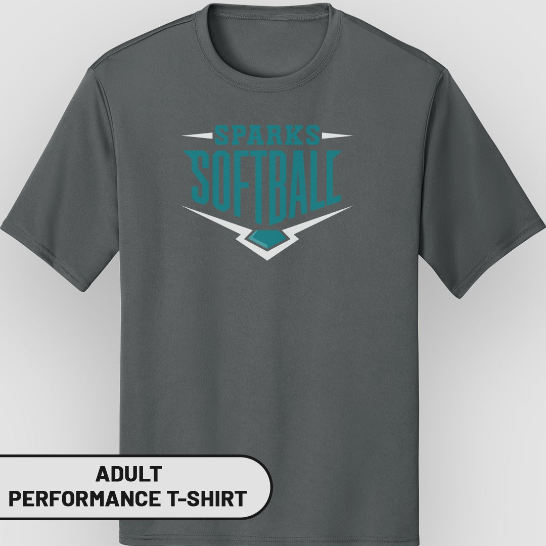 Adult performance t-shirt with "Sparks Softball" logo in teal and white.
