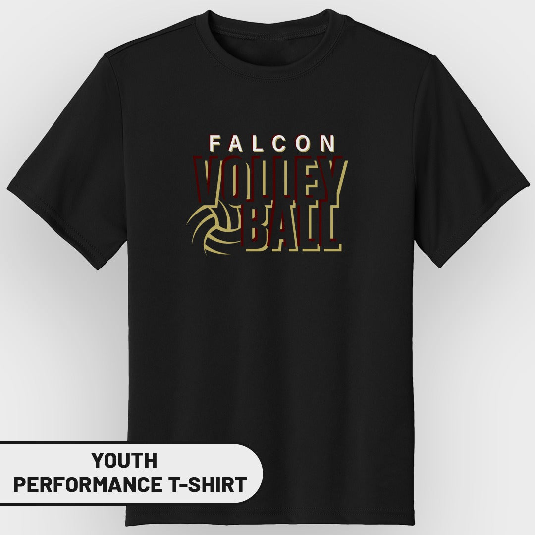 Black youth performance t-shirt with "FALCON VOLLEYBALL" graphic and volleyball.