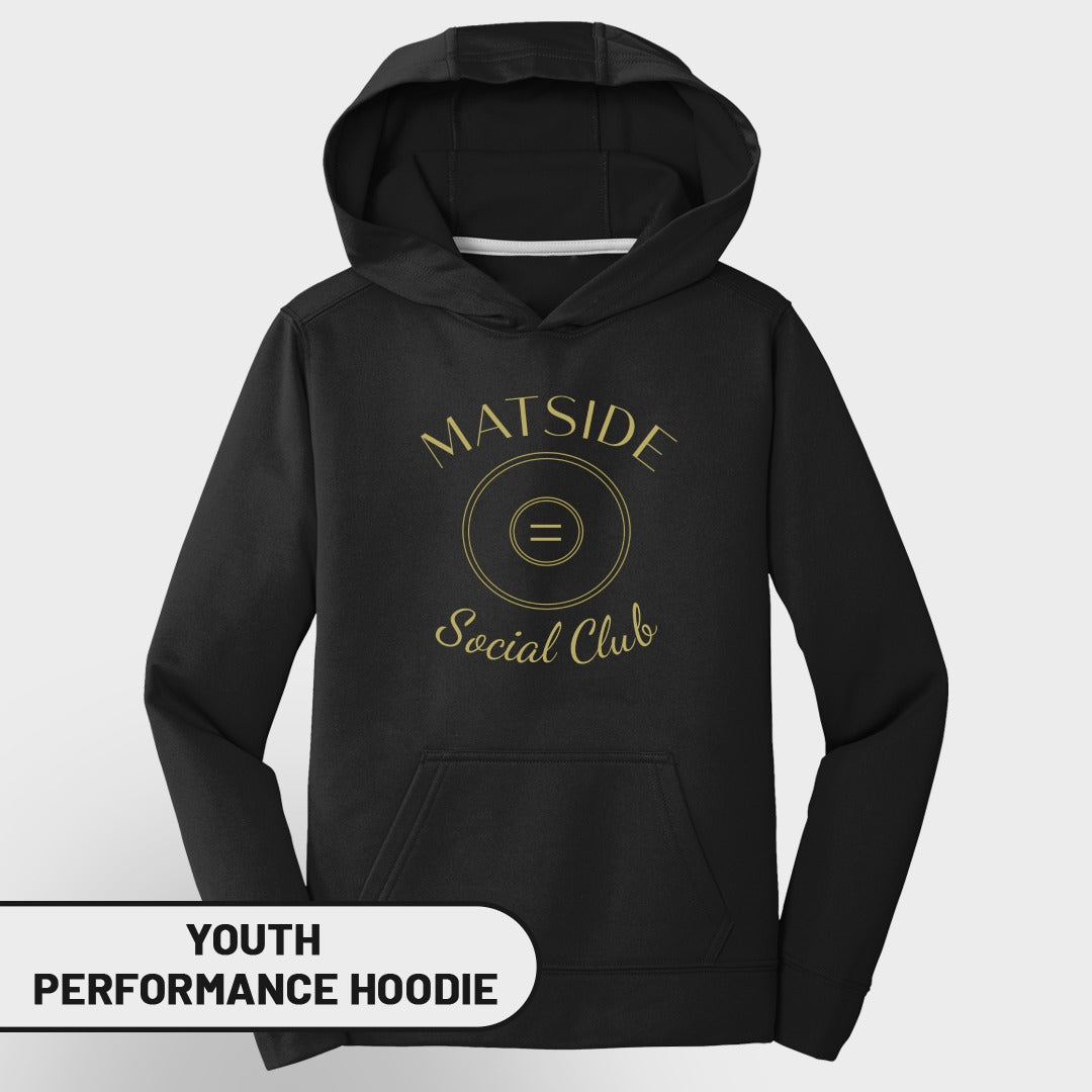 Black youth performance hoodie with gold "MATSIDE Social Club" logo.