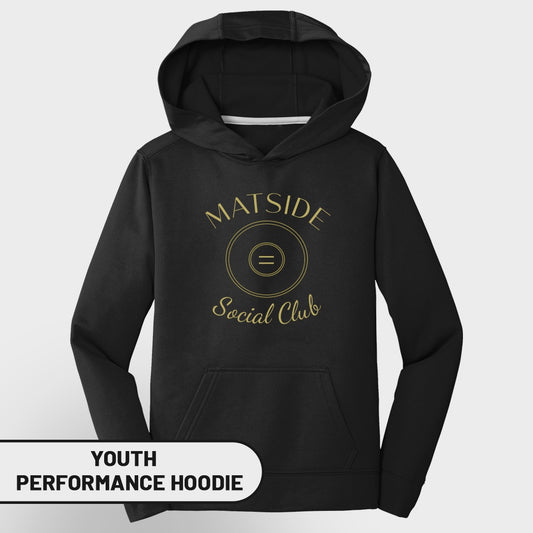 Black youth performance hoodie with gold "MATSIDE Social Club" logo.