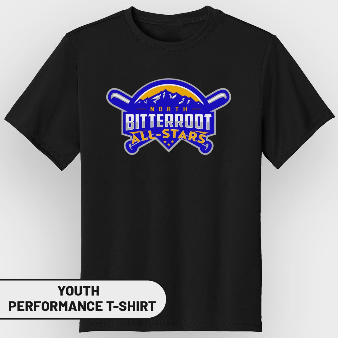 Black youth performance t-shirt with a circular "North Bitterroot All-Stars" logo.