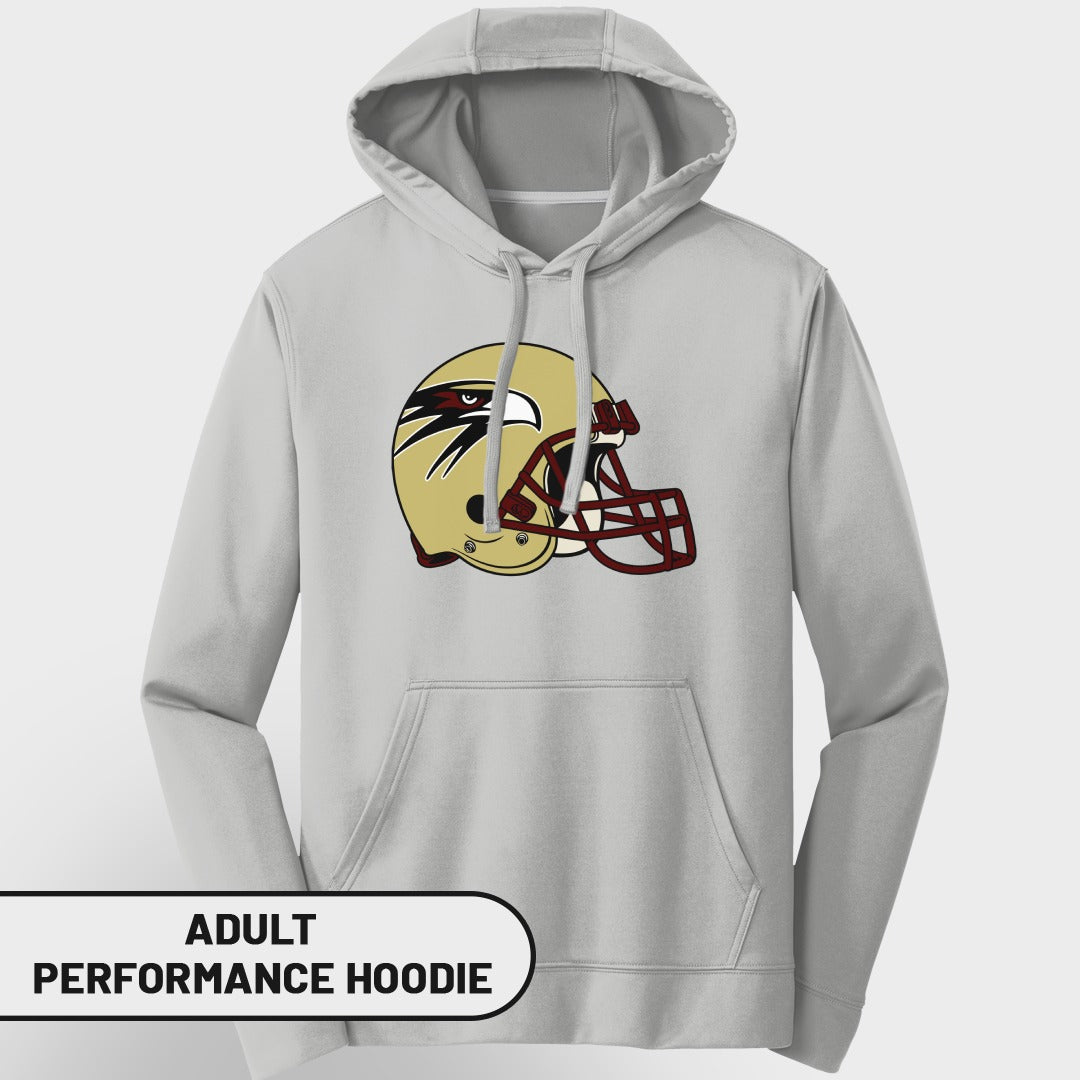 Gray performance hoodie with gold and maroon football helmet graphic.
