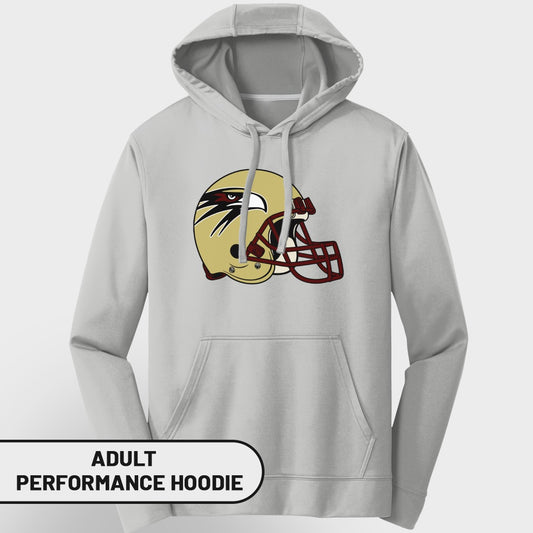 Gray performance hoodie with gold and maroon football helmet graphic.