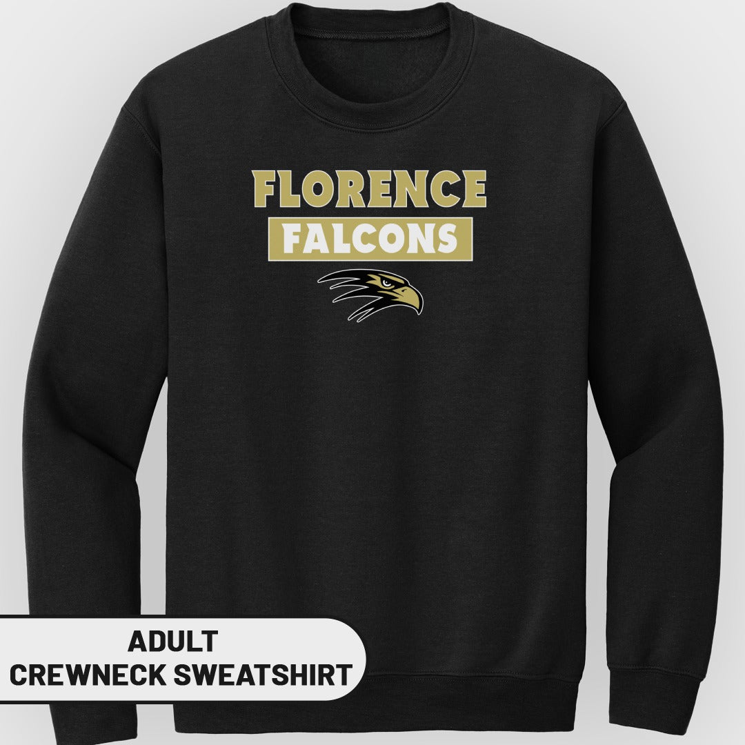 Black adult crewneck sweatshirt with "Florence Falcons" and a falcon logo.