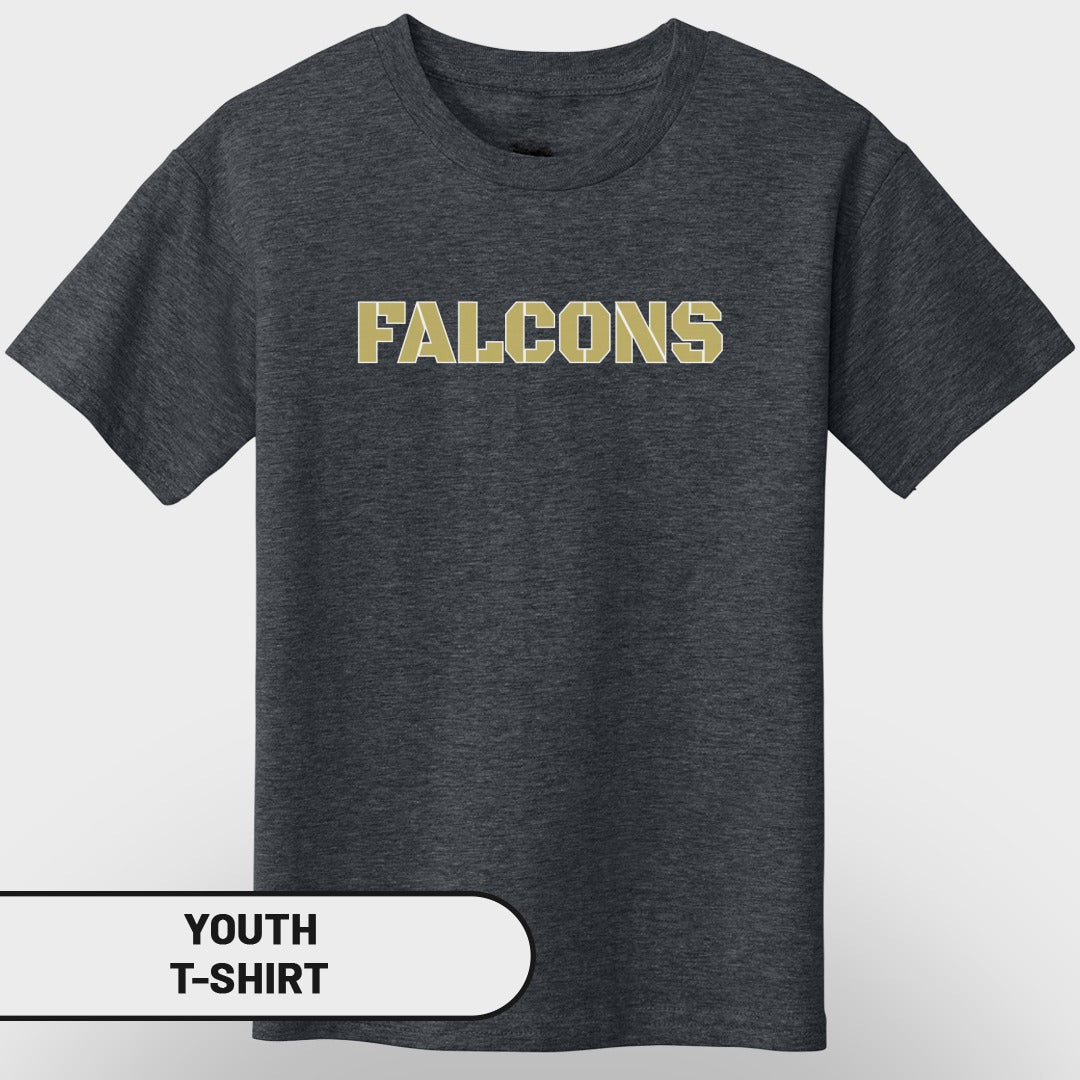 Youth t-shirt with "FALCONS" in gold block letters.