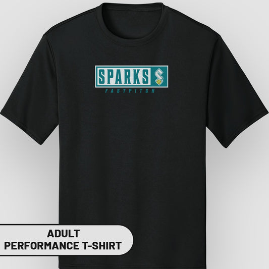 Black adult performance t-shirt with SPARKS FASTPITCH logo.