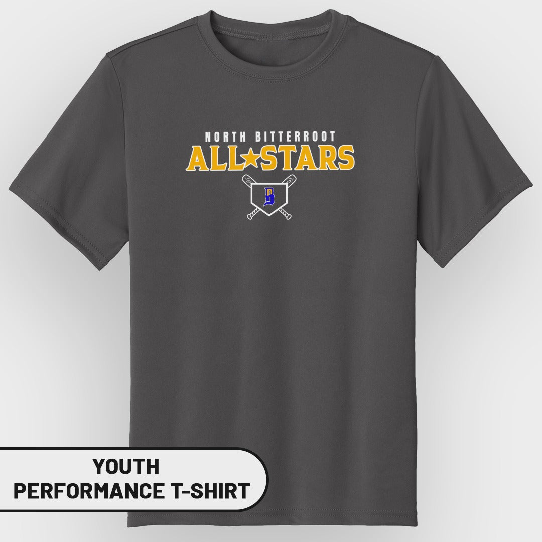 Youth performance t-shirt with North Bitterroot All-Stars logo.