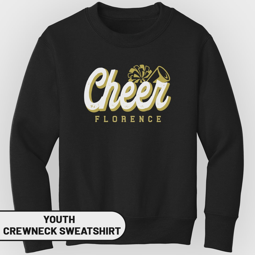 Black youth crewneck sweatshirt with "Cheer Florence" text and cheerleading graphics.