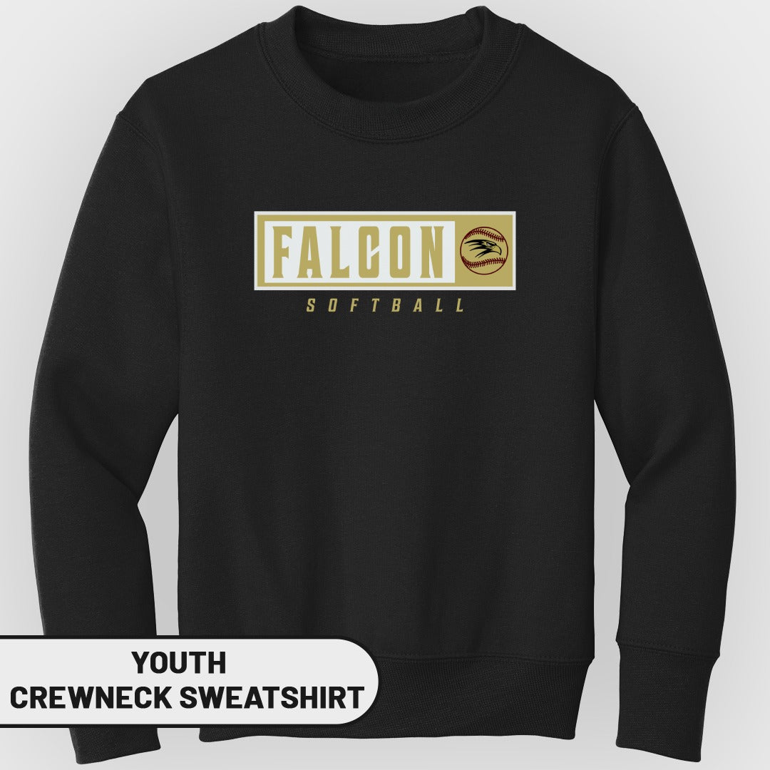 Black youth crewneck sweatshirt with "FALCON SOFTBALL" text and baseball graphic.