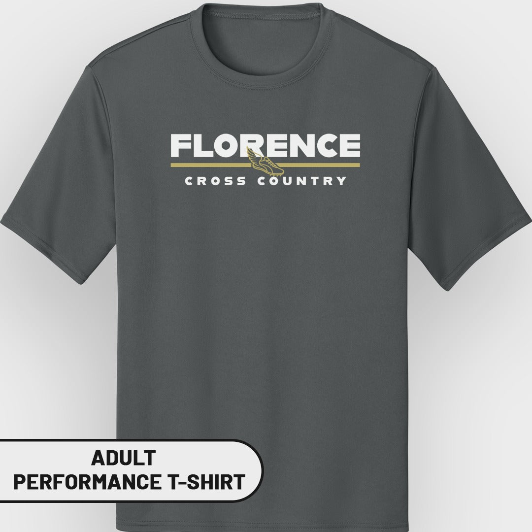 Grey adult performance t-shirt with "Florence Cross Country" and running shoe graphic.