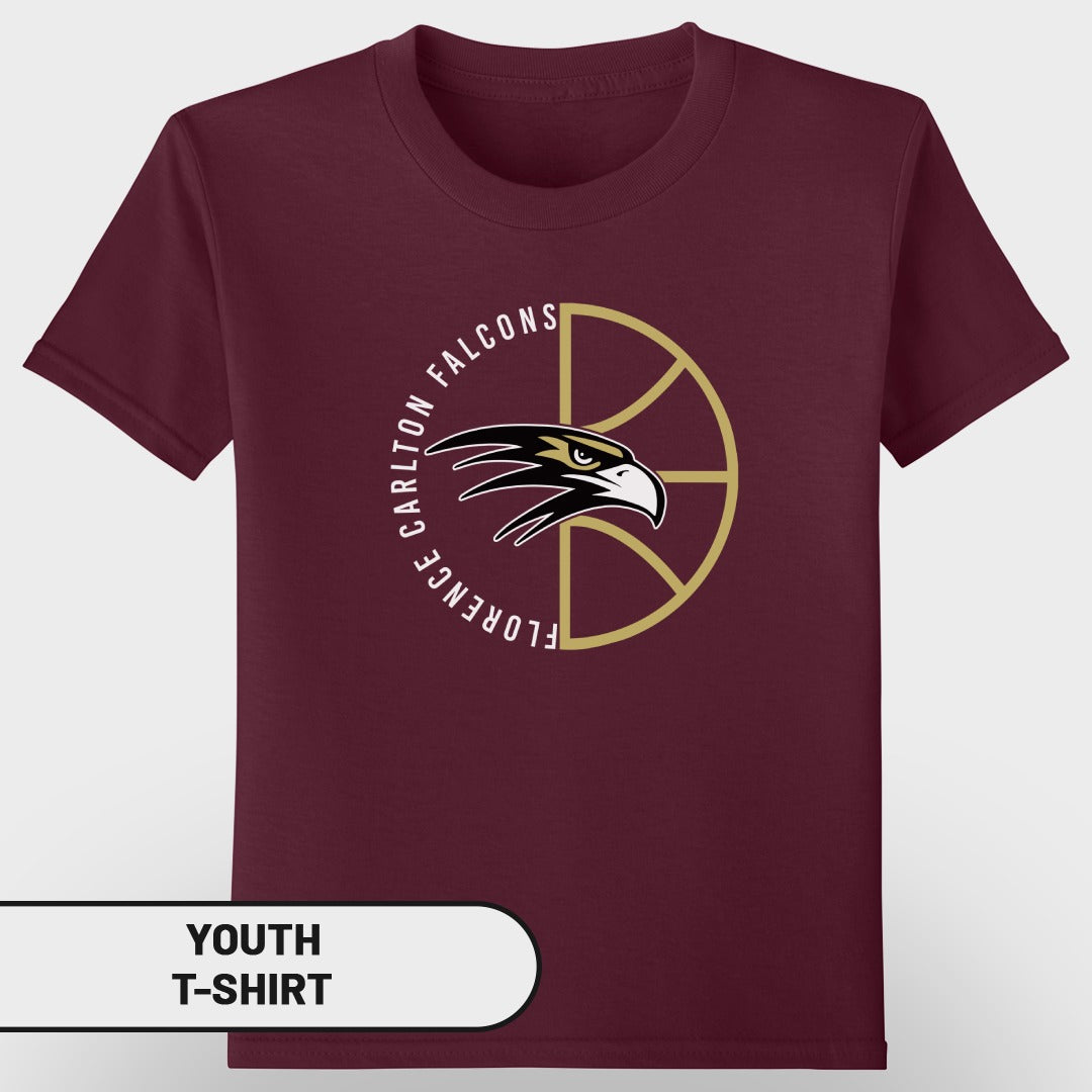 Maroon youth t-shirt with Carlton Florence Falcons logo featuring an eagle head and basketball.