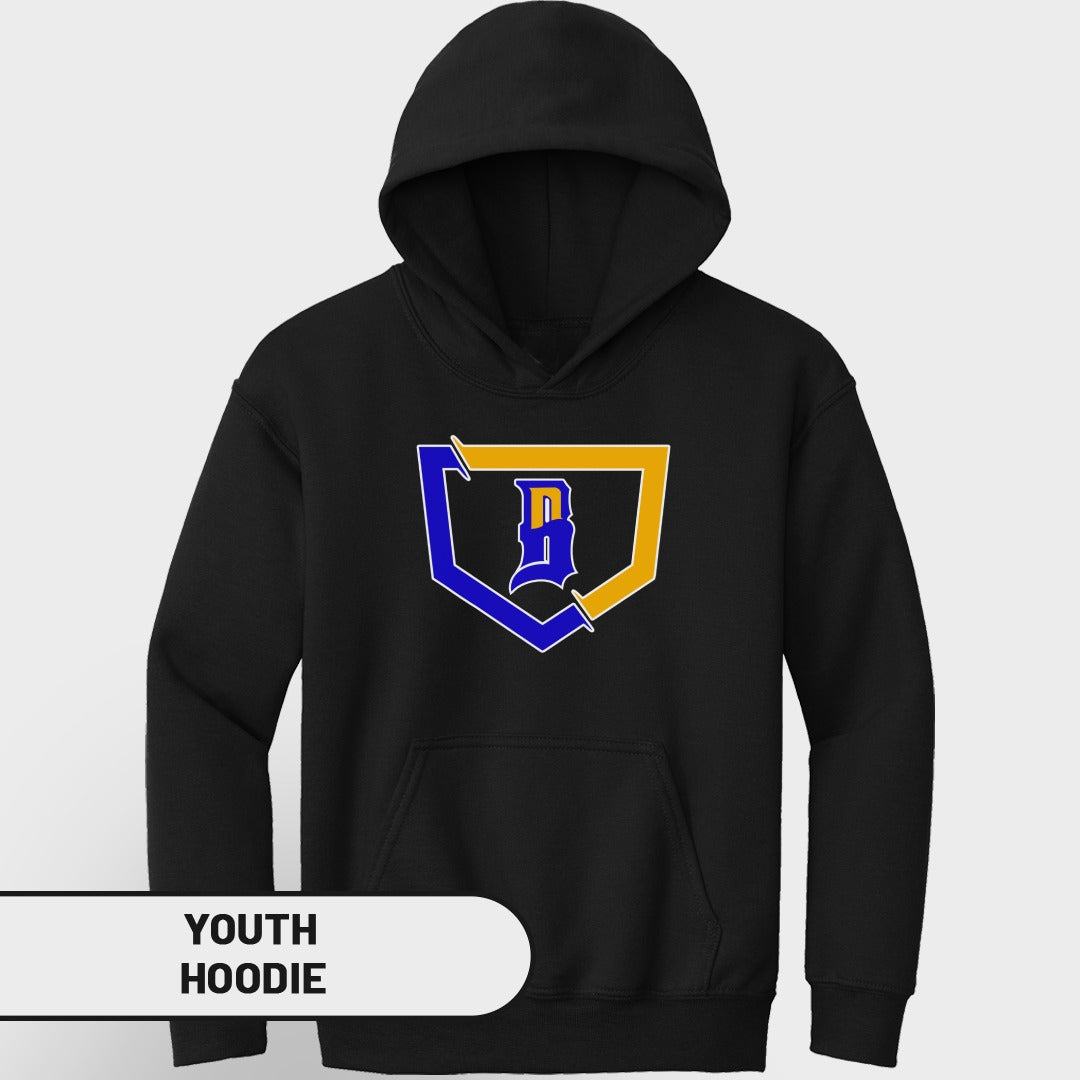 Black youth hoodie with blue and yellow baseball team logo.