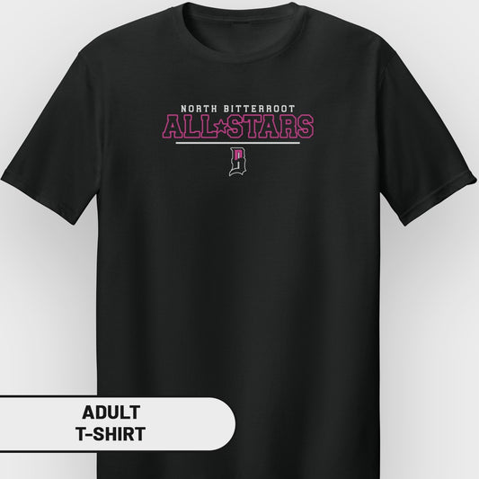 Black adult t-shirt with "North Bitterroot ALL-STARS" and a stylized 'B' logo.