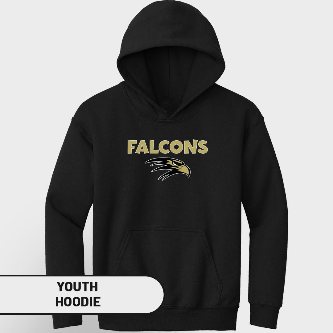 Black youth hoodie with gold "FALCONS" text and eagle logo.