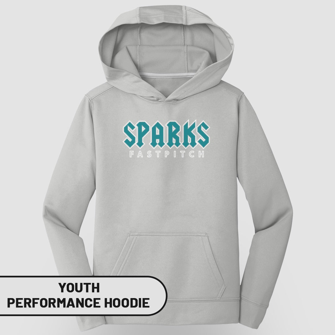 Youth grey "Sparks Fastpitch" performance hoodie.
