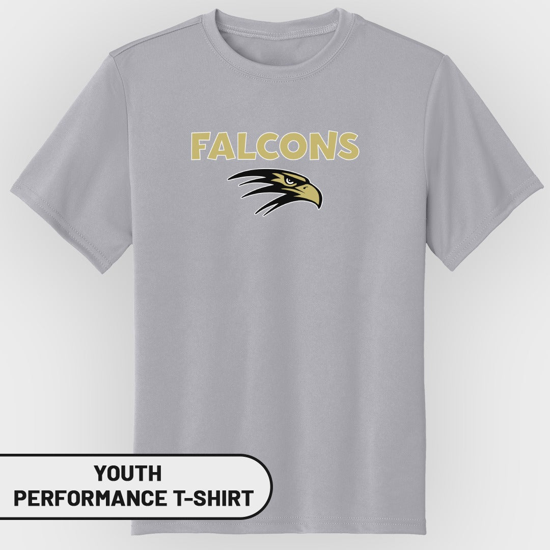 Grey youth performance t-shirt with "Falcons" text and eagle logo.