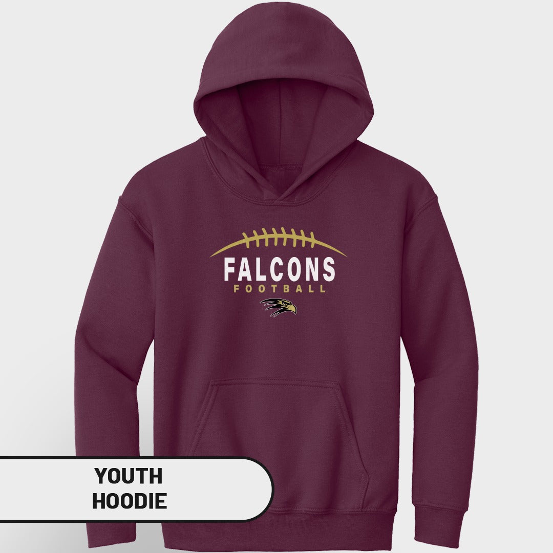 Maroon youth hoodie with "FALCONS FOOTBALL" and falcon graphic.