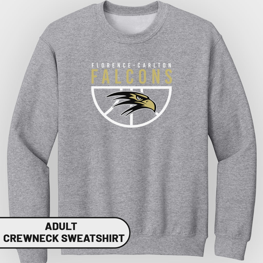 Grey adult crewneck sweatshirt with Florence-Carlton Falcons basketball logo.