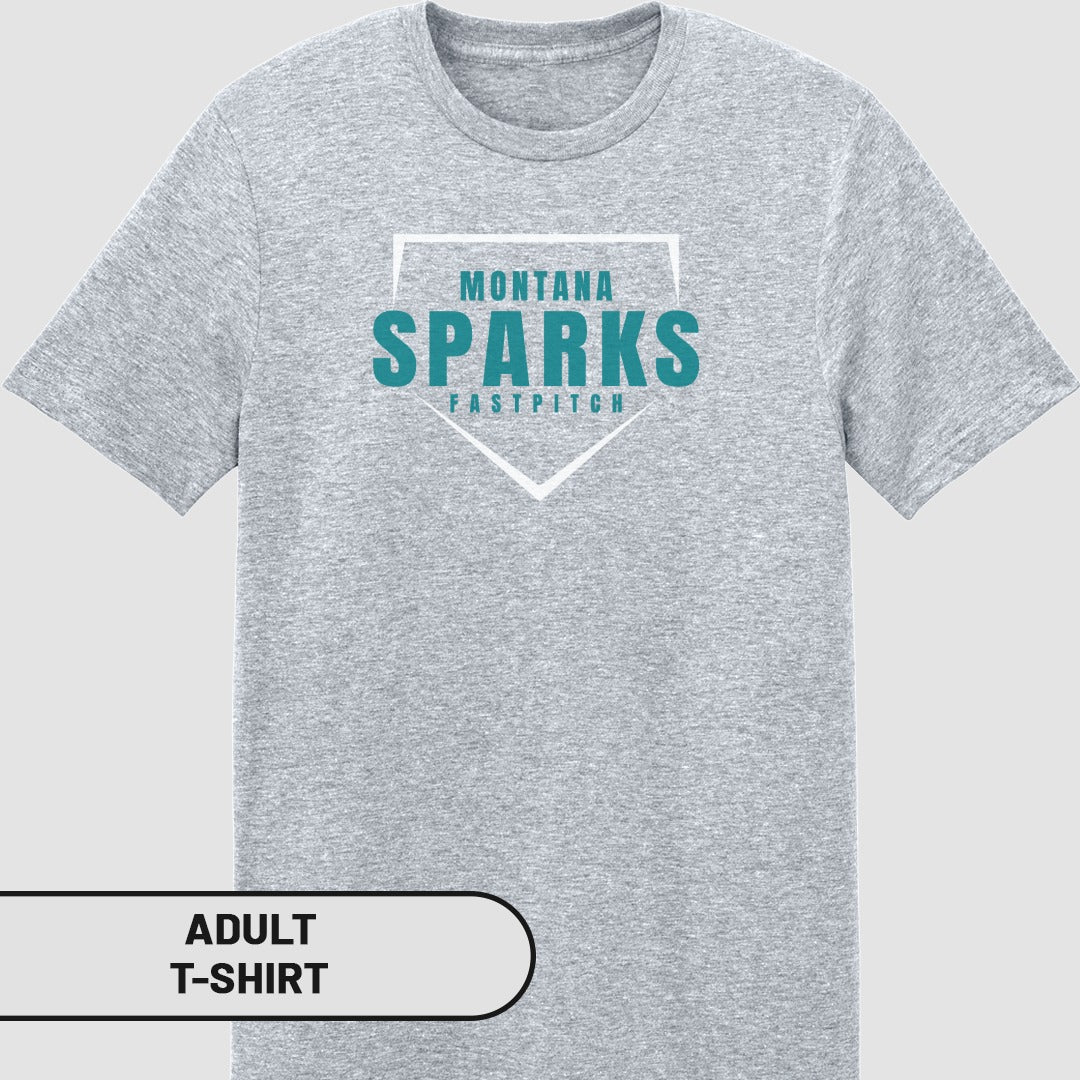 Gray adult t-shirt with "Montana Sparks Fastpitch" text inside a baseball diamond outline.