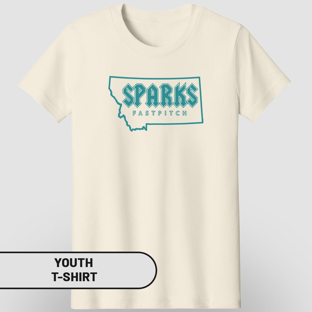 Cream t-shirt with "Sparks Fastpitch" logo in blue outline of Montana.