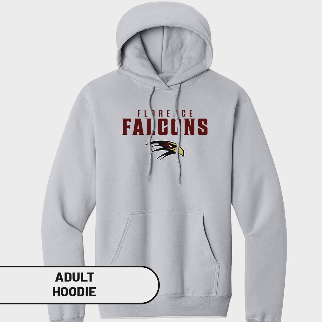 Gray adult hoodie with "Florence Falcons" text and falcon logo.