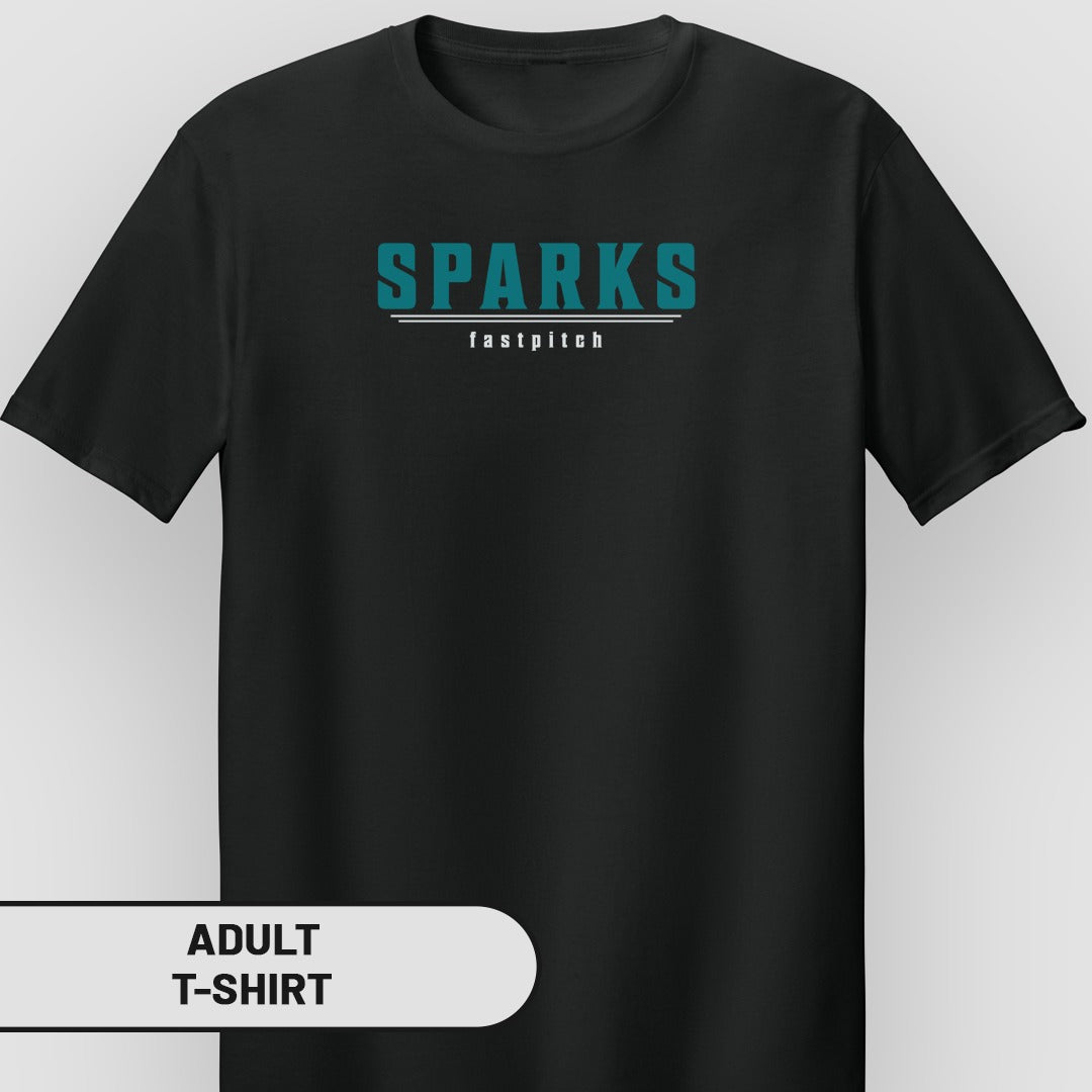 Black t-shirt with "SPARKS fastpitch" text.