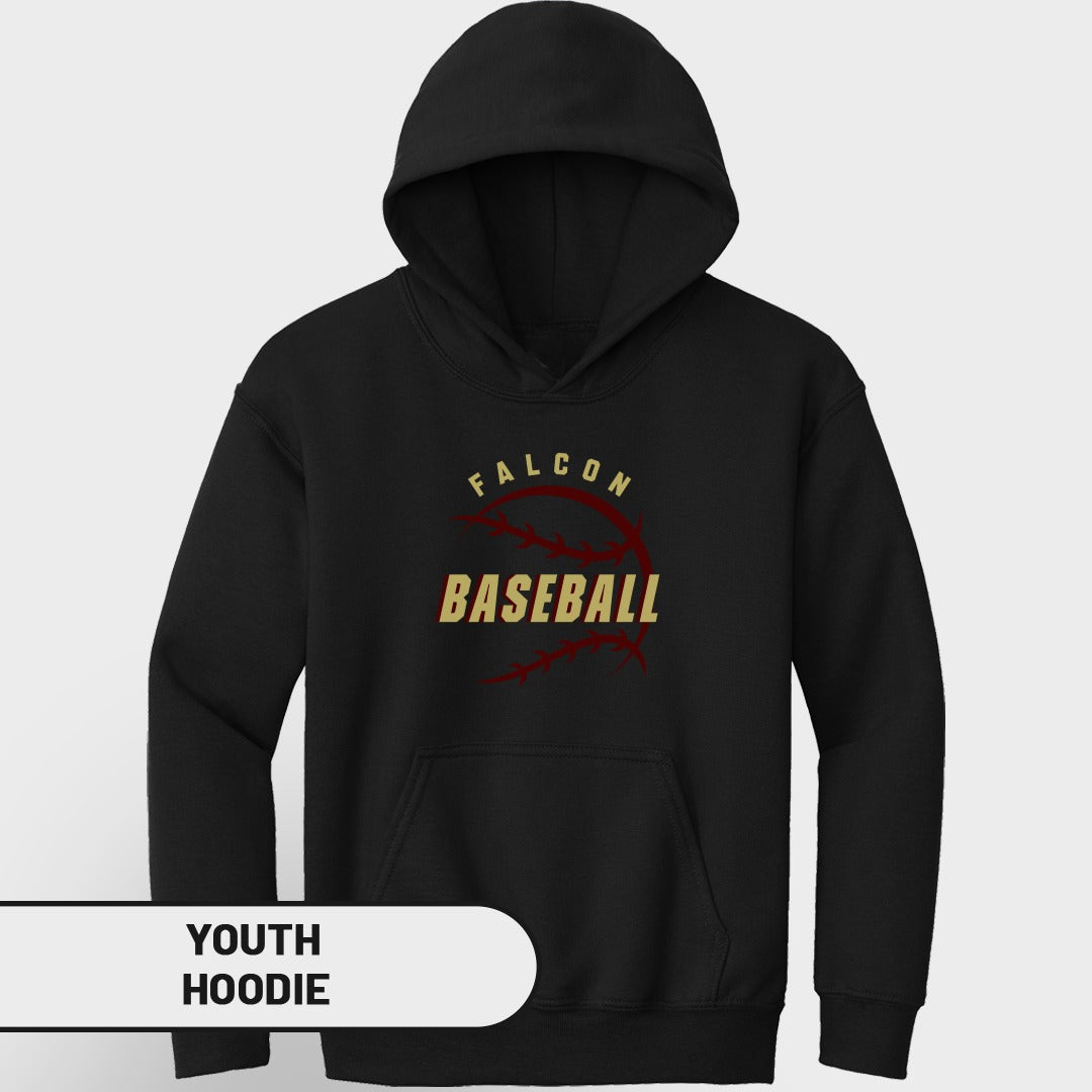 Black youth hoodie with "FALCON BASEBALL" text and baseball stitching graphic.