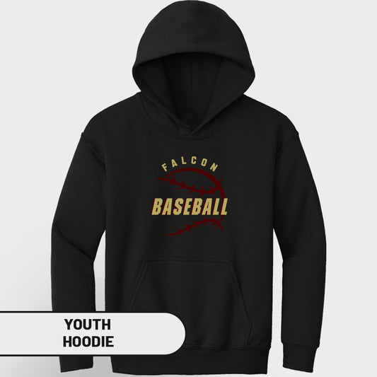 Black youth hoodie with "FALCON BASEBALL" text and baseball stitching graphic.