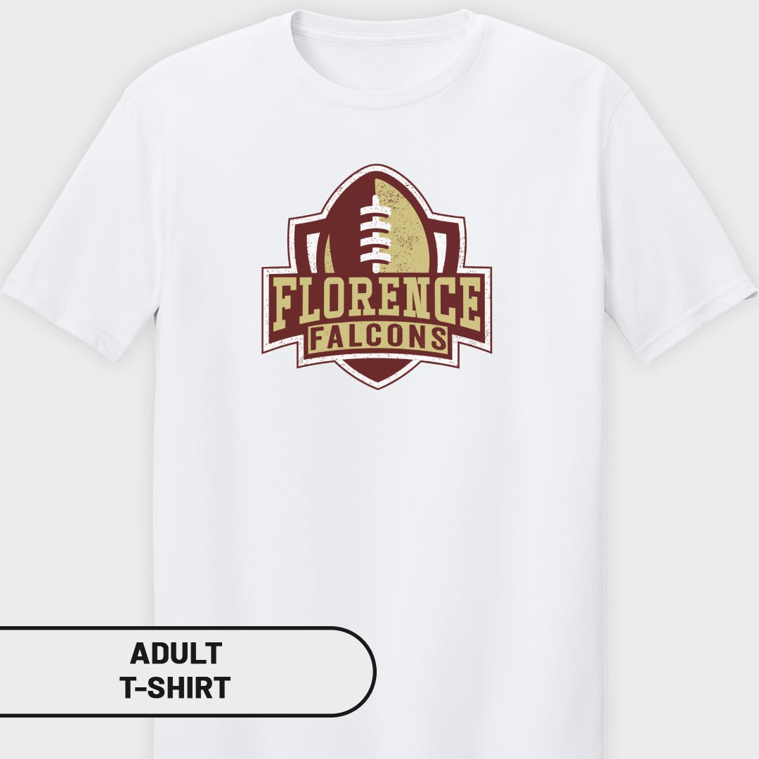 White adult t-shirt with Florence Falcons football team logo.