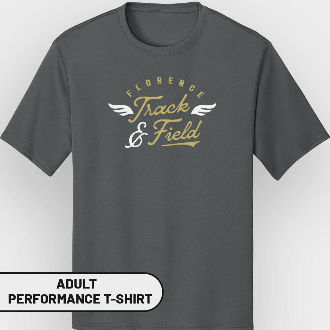 Adult performance t-shirt with Florence Track & Field logo and wings.