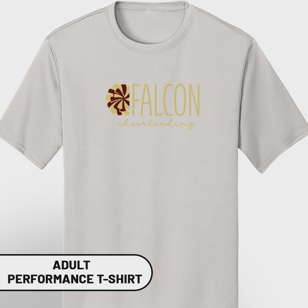Light gray adult performance t-shirt with "FALCON cheerleading" text and graphic.