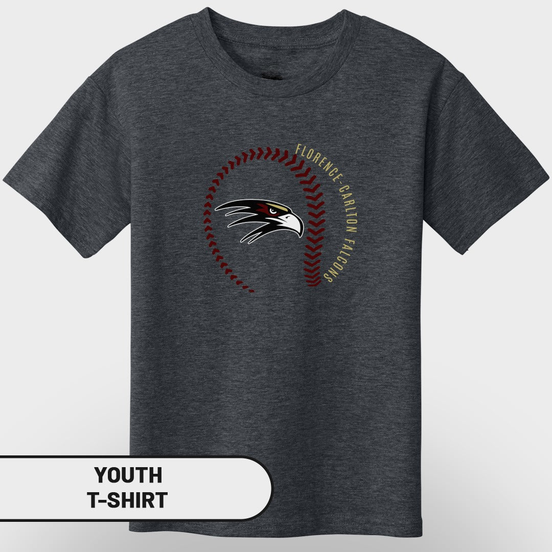 Dark gray youth t-shirt with Florence-Carlton Falcons logo and baseball stitching.