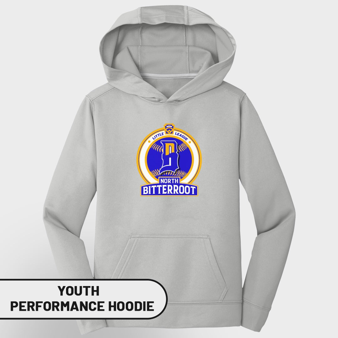 Gray youth performance hoodie with Little League North Bitterroot logo.