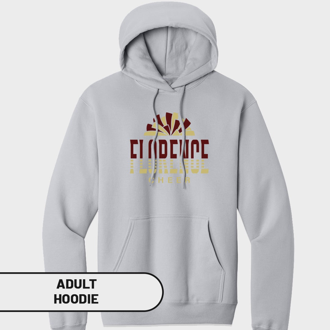 Light grey adult hoodie with "Florence Cheer" text and a maroon and gold pom-pom graphic.