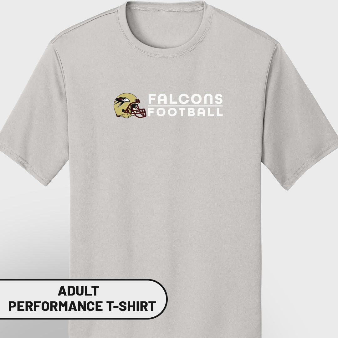 Gray adult performance t-shirt with "FALCONS FOOTBALL" and helmet logo.