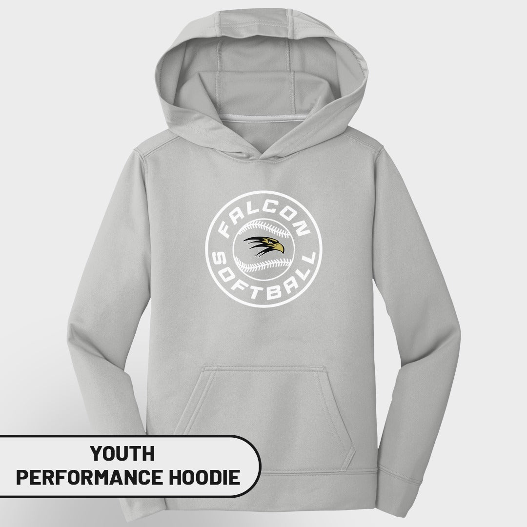 Light gray youth performance hoodie with Falcon softball logo.