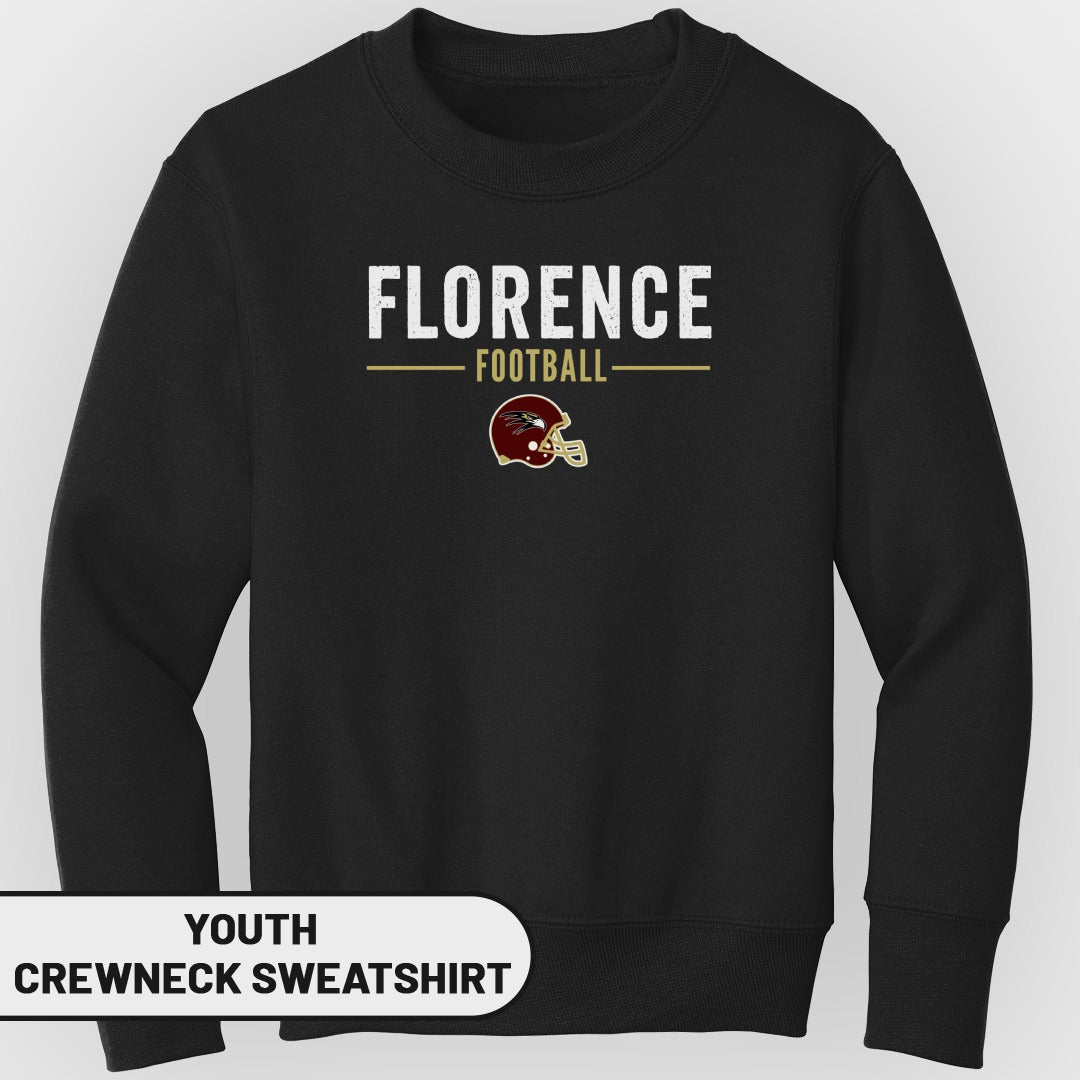Youth crewneck sweatshirt with "Florence Football" text and helmet graphic.
