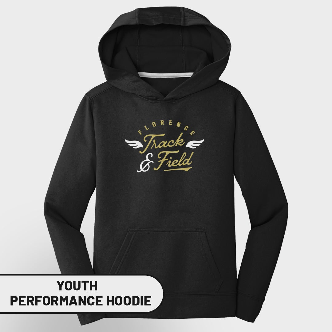 Black youth performance hoodie with "Florence Track & Field" graphic.