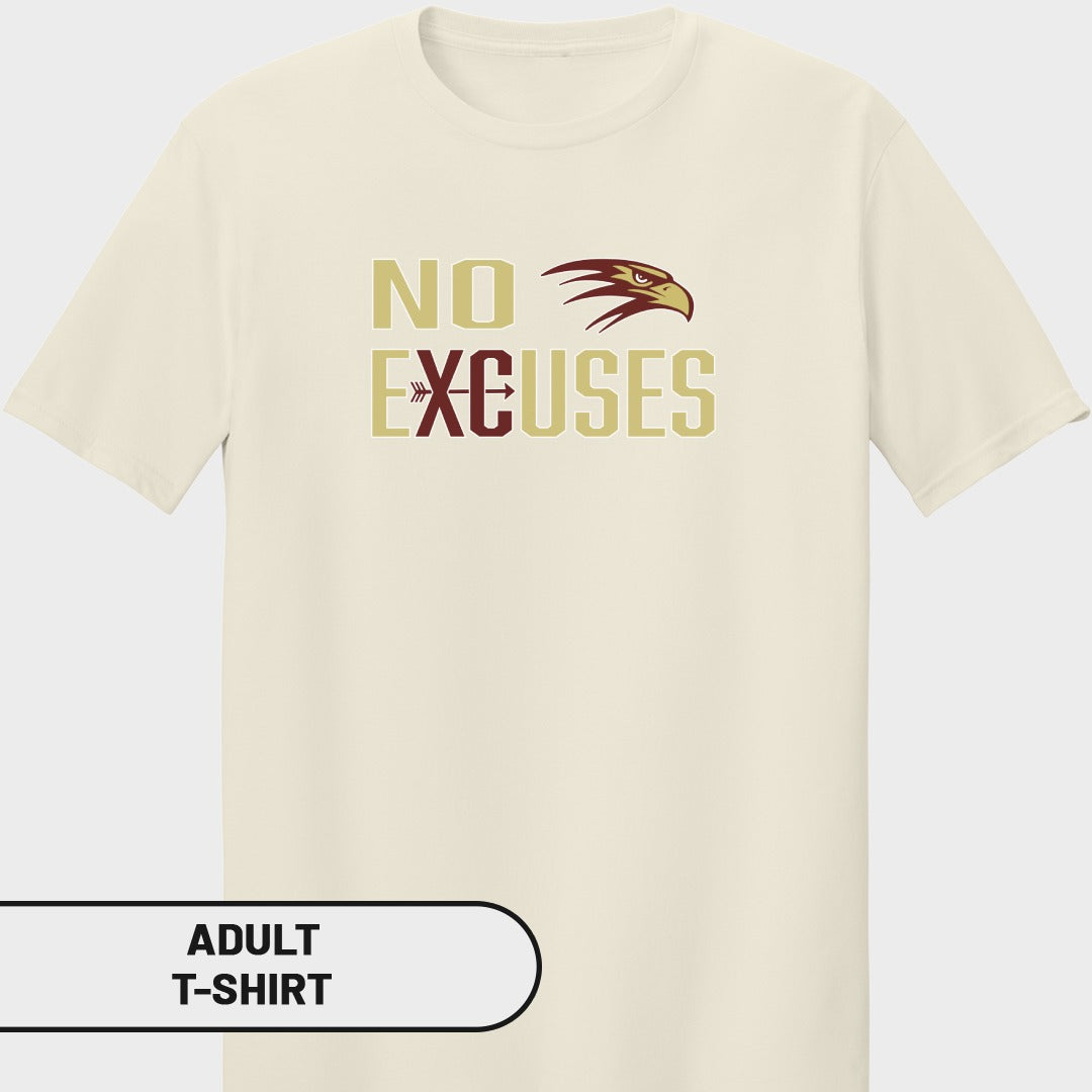 Cream adult t-shirt with text "NO EXCUSES" and a hawk graphic.