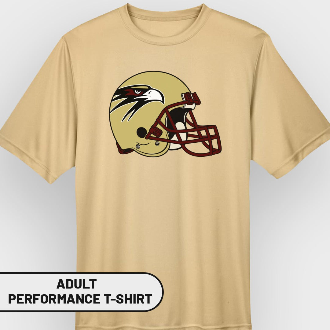 Tan adult performance t-shirt with a gold football helmet and eagle logo.