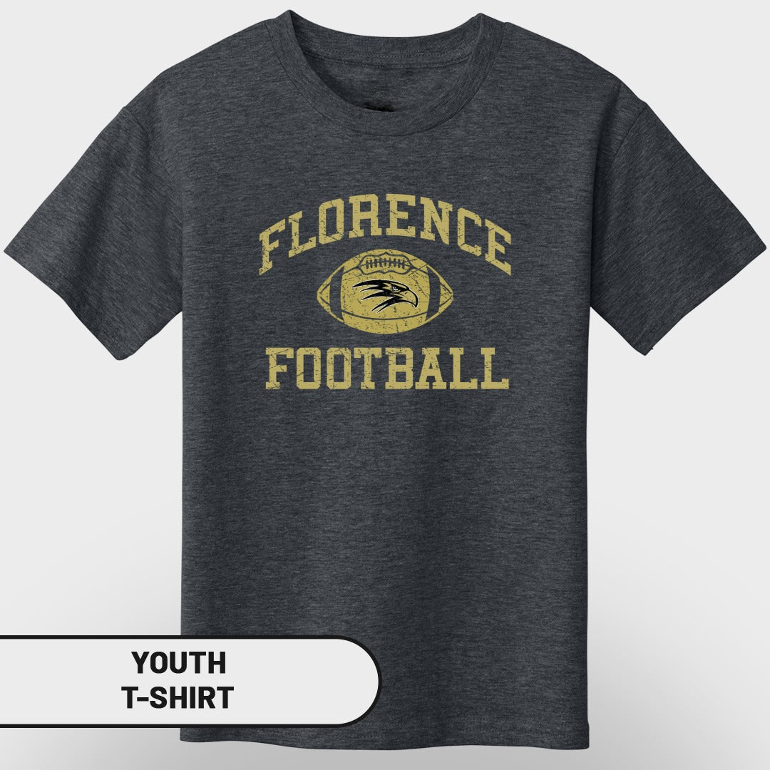 Dark grey youth t-shirt with vintage "Florence Football" and eagle logo graphic.