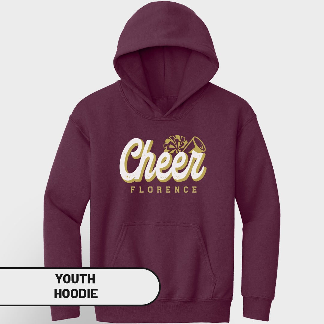 Maroon youth hoodie with "Cheer Florence" text and megaphone graphic.