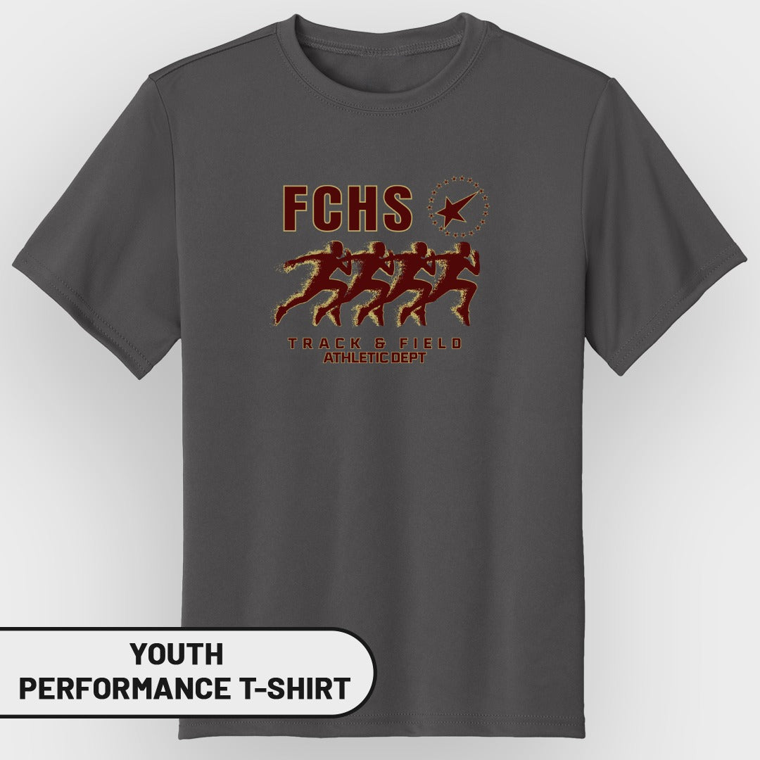 Dark gray youth performance t-shirt with "FCHS TRACK & FIELD ATHLETIC DEPT" and runners graphic.