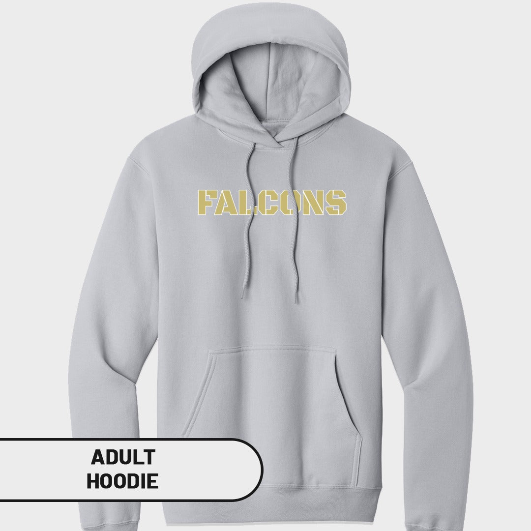 Light gray adult hoodie with "FALCONS" text in gold on the chest.