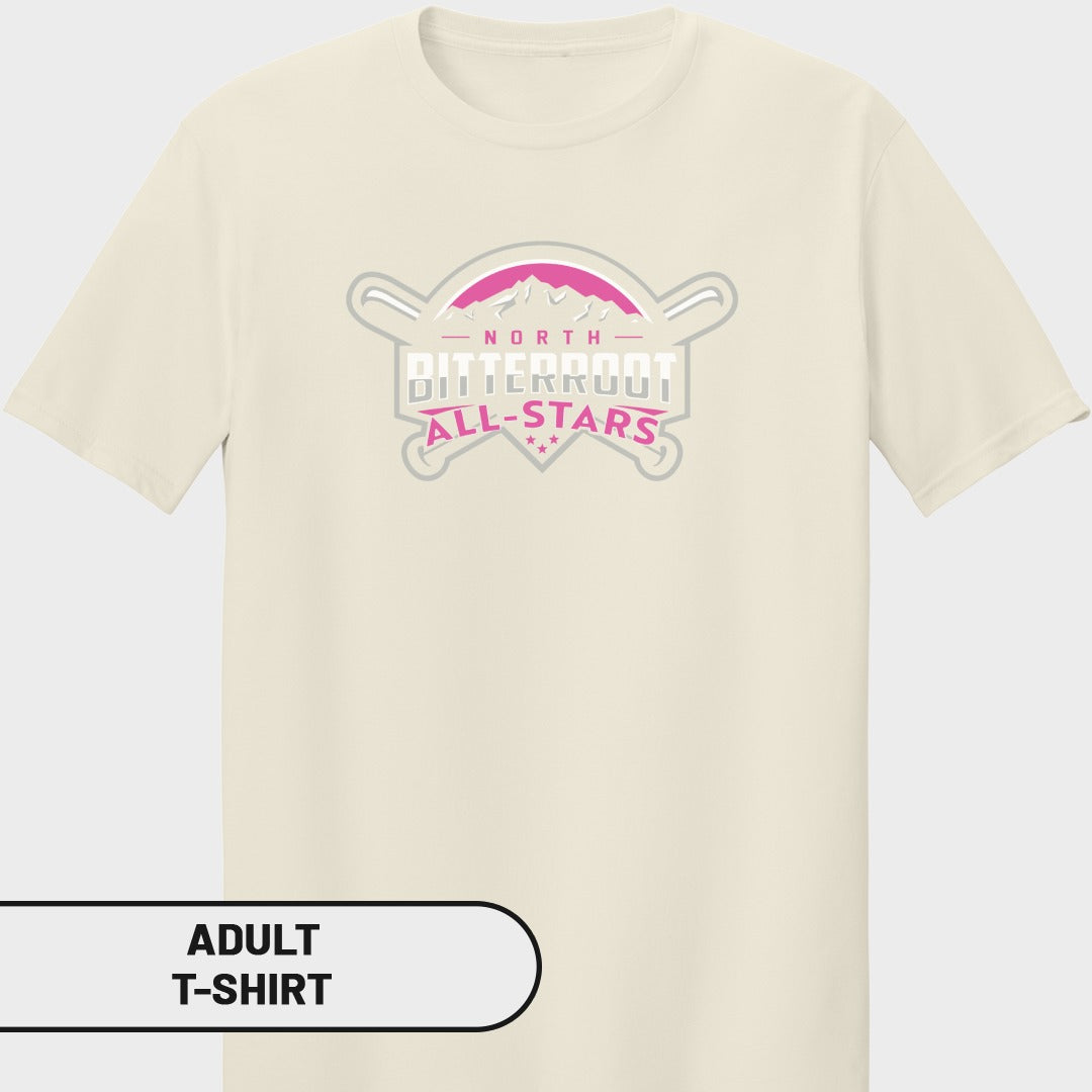 Cream adult t-shirt with "North Bitterroot All-Stars" baseball logo.